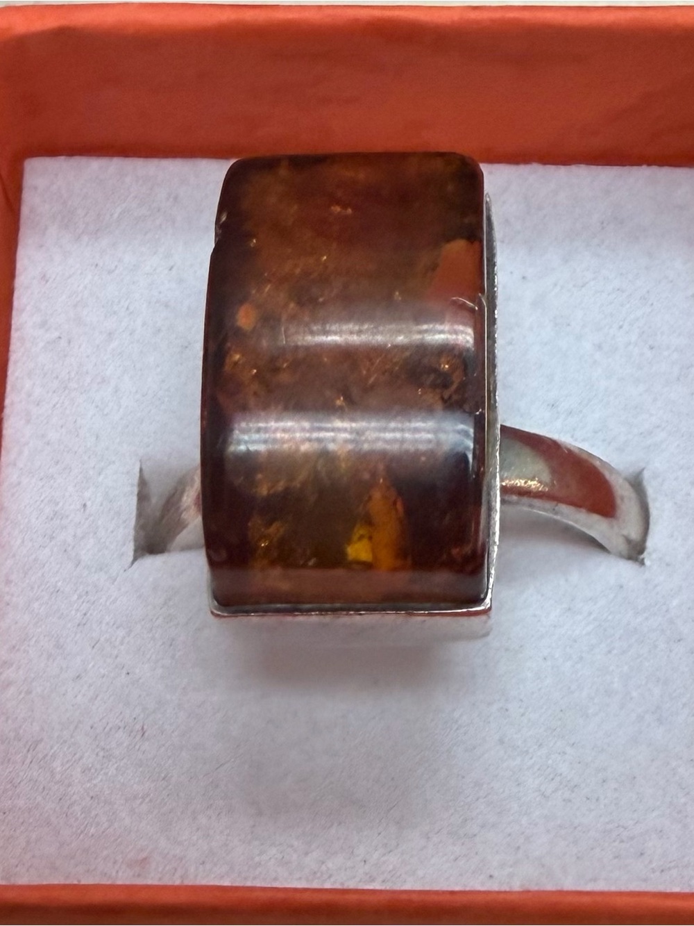 Modernist Rectangular Cognac Baltic Amber Sterling Silver Ring - Size 6 (7.2g)